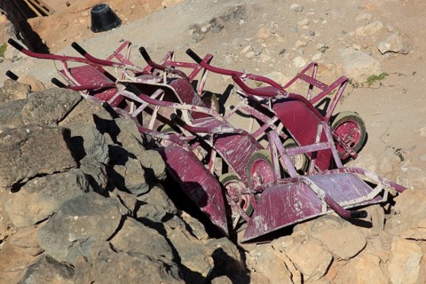 Construction workers' wheelbarrows, renovation of Samhuram, Khor Rouri, excavation site on the