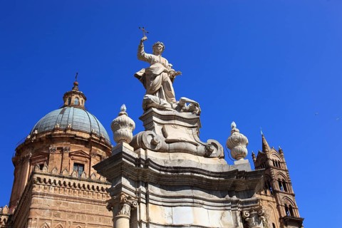City of Palermo, the Cathedral Maria Santissima Assunta, in front of it the statue of Santa