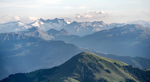 Evening atmosphere, view of Reichenspitze and Zillertal Alps, in front Hohe Salve, dramatic