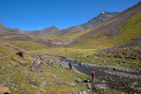 Hikers in the West Karakol Valley, Tien Shan Mountains, Naryn region, Kyrgyzstan, Asia