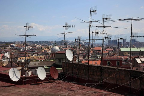 View of the antennas of the city of Naples, Campania, Italy, from the hill of Vomero, Europe