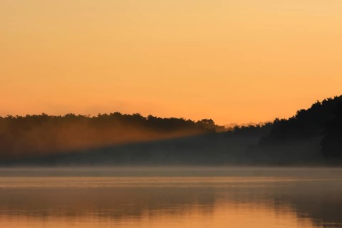 Foggy mood with a ray of light from the rising sun over a lake in Mecklenburg, Müritz National
