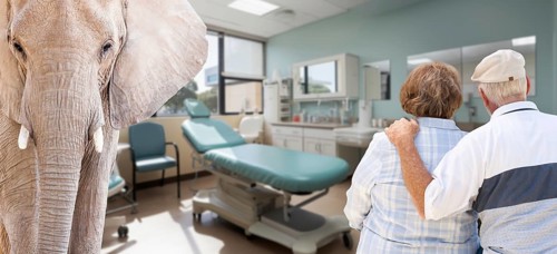 Senior couple from behind in a hospital with an elephant in the room