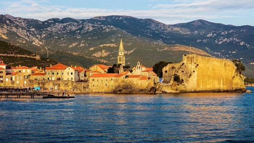 View of the old town and citadel of Budva in the evening light, Montenegro, Budva, Montenegro,
