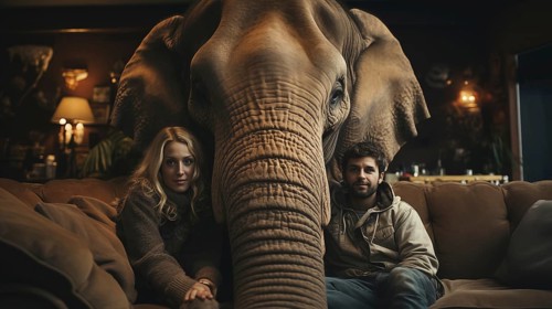 A young couple sitting uncomfortably on the couch together ignoring the elephant in the room.