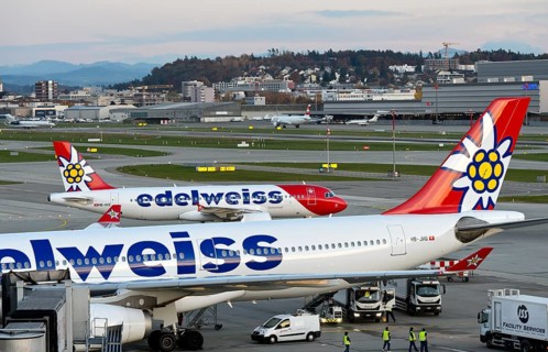 Two Airbus aircraft of the Swiss holiday airline Edelweiss Air at Zurich Airport, Zurich,