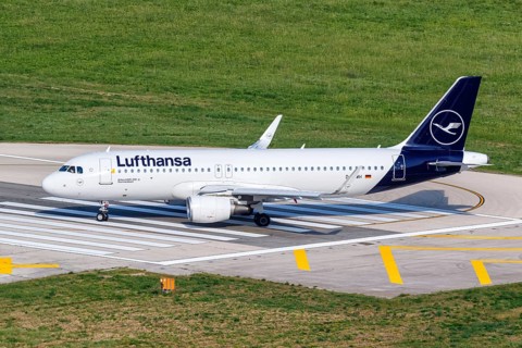 A Lufthansa Airbus A320 aircraft with the registration D-AIWH at Split Airport, Croatia, Europe