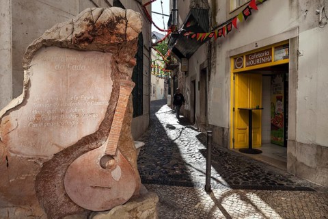 Rua Capelao, on the left a memorial stone for Fado music, Lisbon, Portugal, Europe