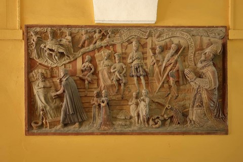 Gothic relief with stone foundation deed with prince bishop and figures by Hans Rodlein 1576,
