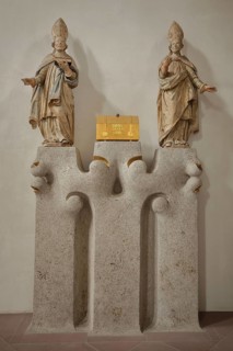 Two sculptures Saint Burkardus and Boniface with inscription in the golden chest Seal of his love,