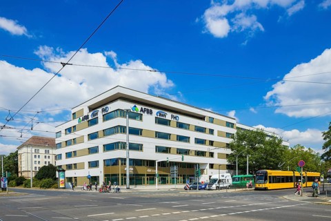 School campus for three educational institutions. The building with seminar rooms, halls and