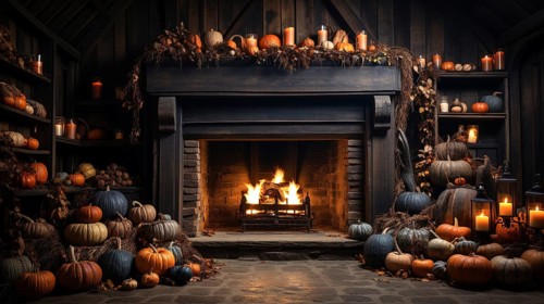 Fall and halloween decorated cozy fireplace interior setting, generative AI