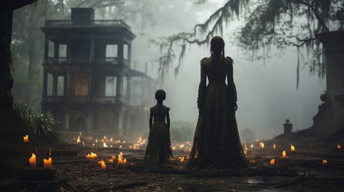 Eerie haunting ghostly silhouetted female and child figures walking in front of a foggy southern