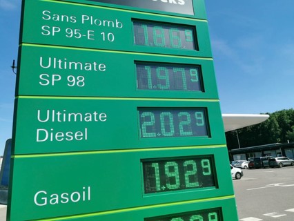 Petrol price, price board for petrol and diesel at a motorway filling station of the mineral oil