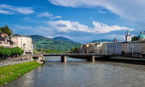 SALZBURG, AUSTRIA, MAY 1, 2012: Panorama of Salzburg Old Town over Salzach river. Salzburg's