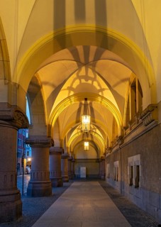 Arcades of New Town Hall building by night, Untermarkt, Görlitz, Goerlitz, Germany, Europe