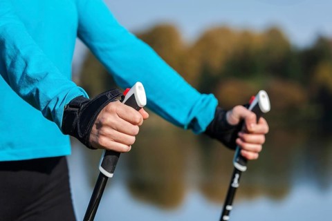 Nordic walking exercise adventure hiking concept, closeup of woman's hand holding nordic walking