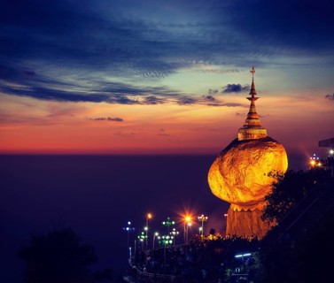 Vintage retro effect filtered hipster style image of Golden Rock, Kyaiktiyo Pagoda, famous Myanmar