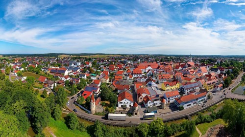 Aerial view, village centre, Abensberg, Lower Bavaria, Hallertau, also Holledau or Hollerdau,