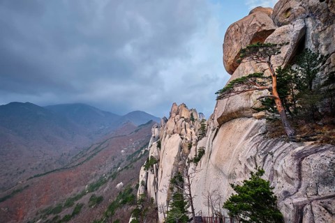 View of stone and rock formations from Ulsanbawi rock peak in stormy weather. Seoraksan National