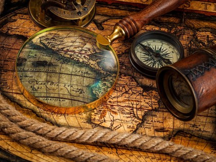 Travel geography navigation concept background, old vintage retro compass with sundial, spyglass