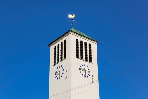 Protestant St. Andrew's Church, steeple, clock, weathercock, sacred building, architecture, Eningen