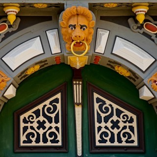Portal Detail with Colourful Wood Carving on Münden Town Hall, Weser Renaissance, Hann. Münden or