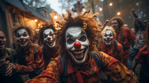 Several teenagers dressed up as clowns for halloween walking down the sidewalk together, generative