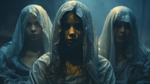 Three mysterious teenage girls wearing silk sheets over their heads, generative AI