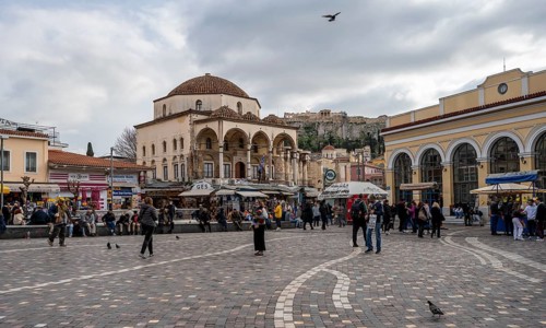 Tzisdarakis Mosque and Acropolis, Monastiraki Square, Athens, Attica, Greece, Europe