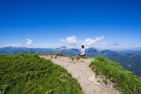Hiking trail from Fellhorn, 2038m, to Söllereck, Allgäu Alps, Bavaria, Germany, in the background