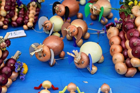 Market stall with onions in the shape of an elephant and onion plaits with traditional harvest