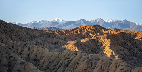 Landscape of eroded hills at sunrise, badlands, white mountain peaks of the Tian Shan Mountains in