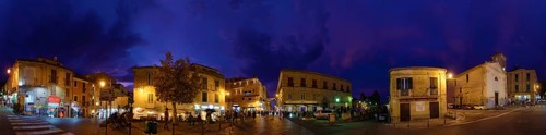 360° panorama at Villa ghirlanda with the historical old town of Tropea at sunset in the blue hour,