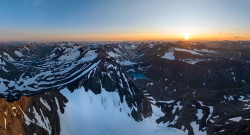 Aerial view of the peaks of Swedish Lapland, view into the valley Unna Räitavagge, also Unna