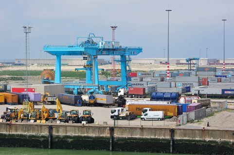 Container terminal cranes in the port of Zeebrugge, Belgium, Europe