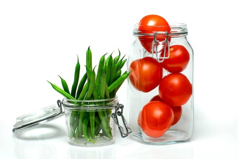 Preserving jars with tomatoes and string beans, preserved, bean, string bean, tomato
