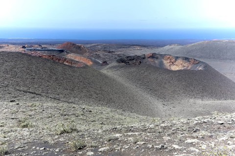 Volcanic landscape with visitor centre in Timanfaya National Park, Lanzarote, Canary Islands,
