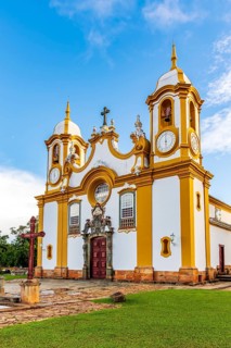 Facade of a historic baroque church in the city of Tiradentes in Minas Gerais, Brasil