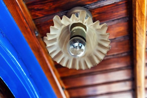 Nostalgic ceiling lamp, blue tram, Tramvia Blue, Art Nouveau, detail, Barcelona, Spain, Europe