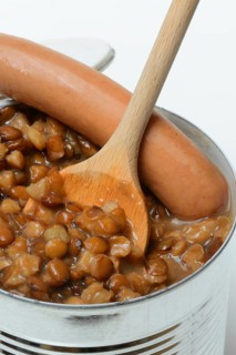 Lentil (Lens culinaris) dish and sausages in tin, lentil