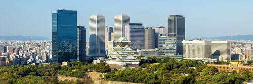 Osaka Castle Castle from above with the skyline skyscrapers panorama in Osaka, Japan, Asia