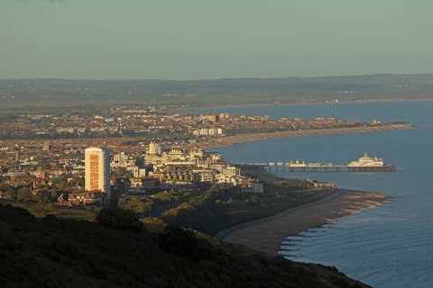View of Eastbourne from Beachy Head, East Sussex, England, United Kingdom, Europe