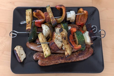 Ready-grilled vegetable skewers, Bavaria, Germany, Europe