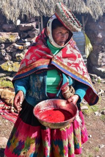 Woman in colourful traditional traditional costume and hat with a bowl of blood from slaughter,