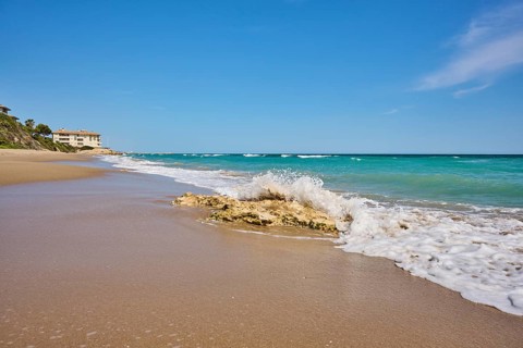 Breaking waves on a sandy beach, sunny, near Tarragona, Catalonia, Spain, Europe