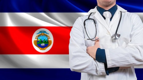 Doctor with stethoscope on Costa Rica flag. Costa Rica national health concept, Health and care