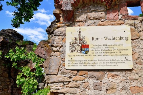 Wachenheim, Germany, May 2023: Information board at entrance of spur castle ruin called Wachtenburg