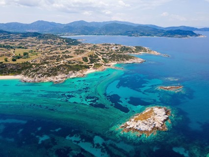 Aerial view, ghost town and beach, Kriaritsi, Sithonia, Chalkidiki, Central Macedonia, Greece,