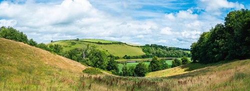 Panorama of Sharpham Meadows and Marsh over River Dart from a drone, Totnes, Devon, England, United